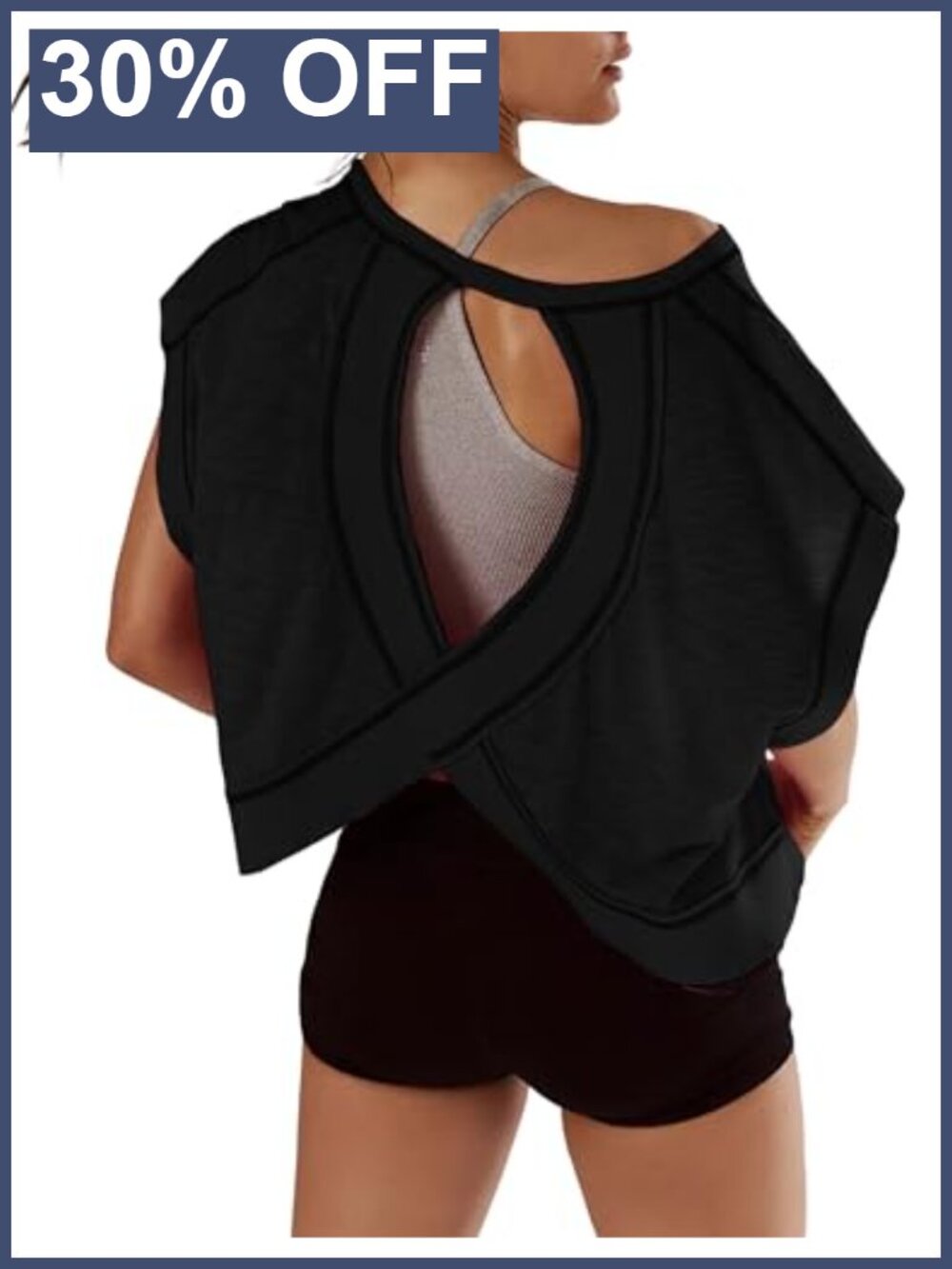 Women Short Sleeve Workout Shirt Open Back Slouchy Crop Yoga Gym Top